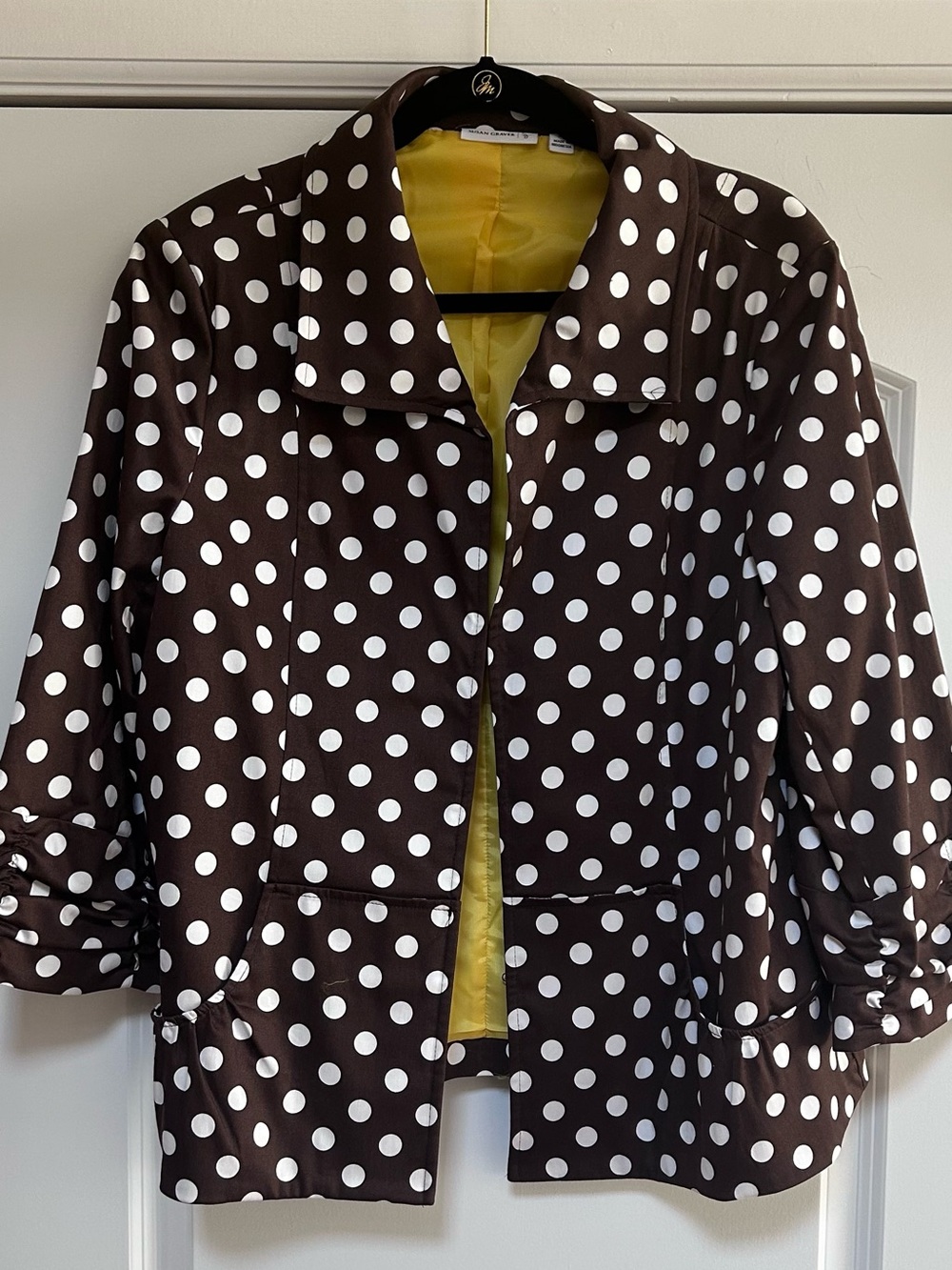 NWOT Susan Graver Brown White Polka Dot Blazer Jacket Yellow Lining XL Preppy
